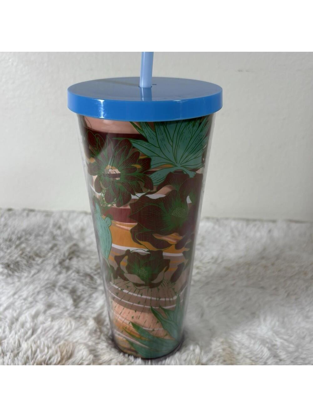 Starbucks Floral Cold Cup 24 oz Blue Lid Straw Tumbler Reusable - Picture 6 of 9